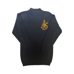 Vintage 70s Sunshine Starshine Mock Neck Knit Sweater Embroidered Rose Black